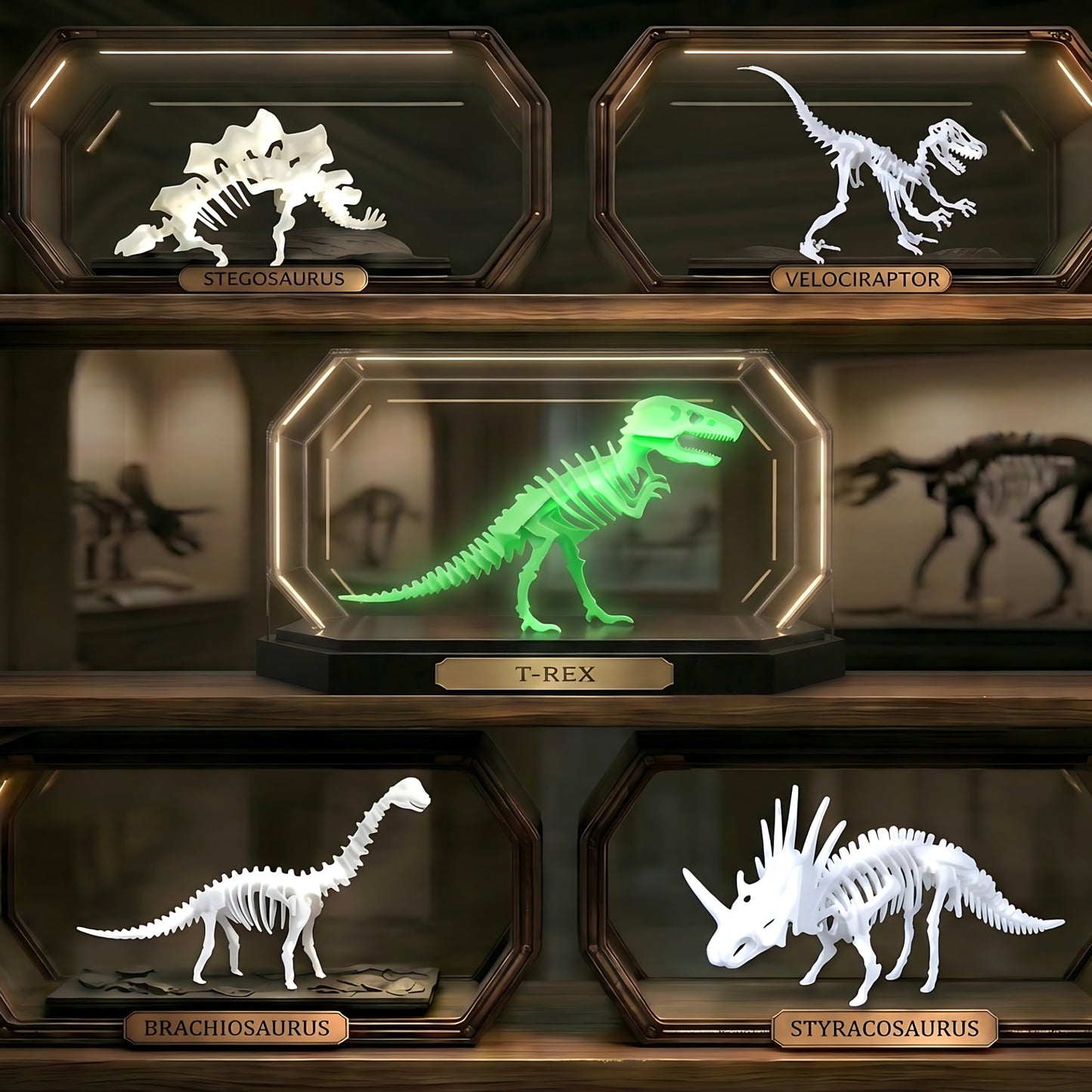 3D dinosaur puzzle collection with Stegosaurus, Velociraptor, T-Rex, Brachiosaurus and Styracosaurus models