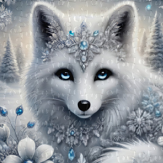 Arctic Fox Winter Fantasy 300-piece jigsaw puzzle close-up showing blue eyes and gloss finish