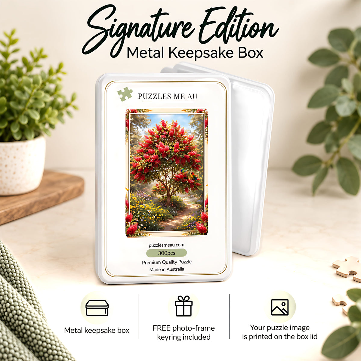 Australian Bottlebrush and Lorikeet wooden puzzle 300 pieces - Signature Edition metal keepsake box with free photo-frame keyring - gift ready - Puzzles Me AU