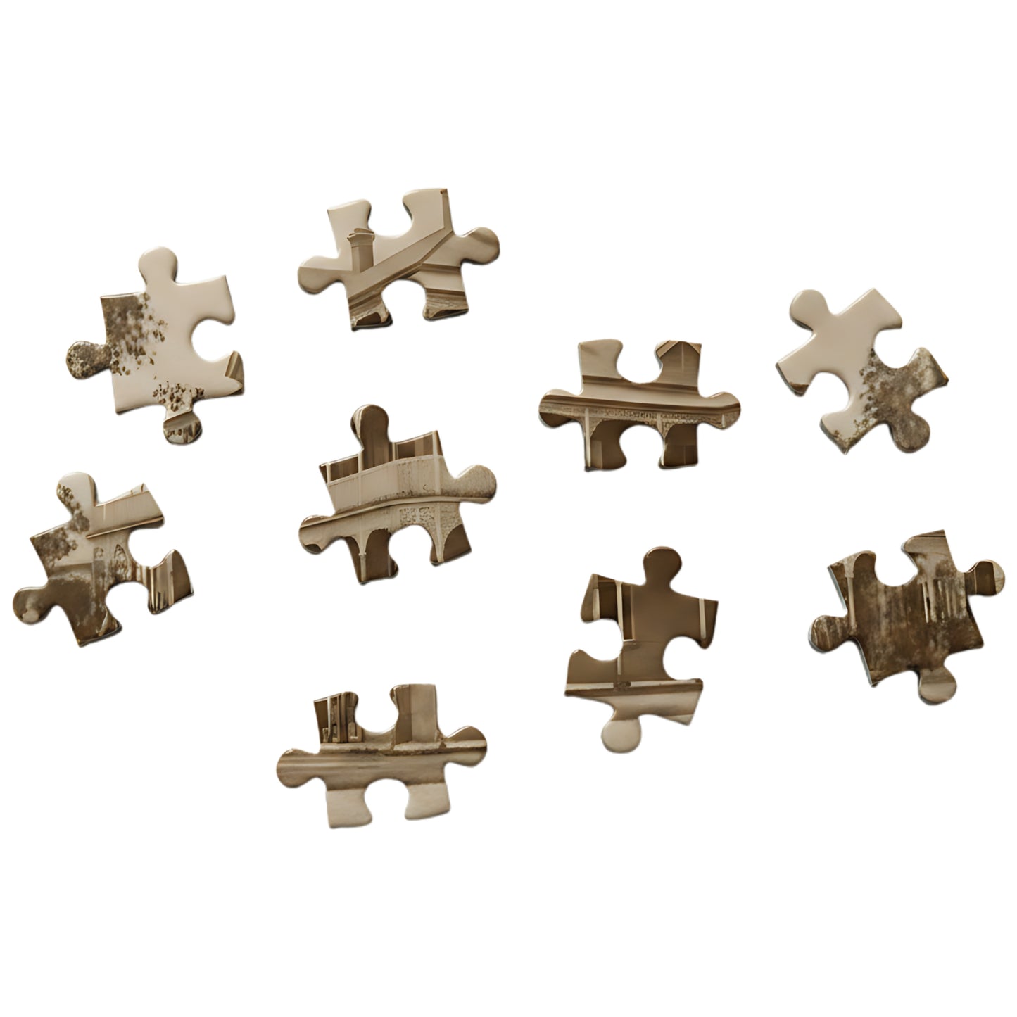 Scattered sepia jigsaw puzzle pieces from Australian Nostalgia heritage collection, 300 pieces, Puzzles Me AU