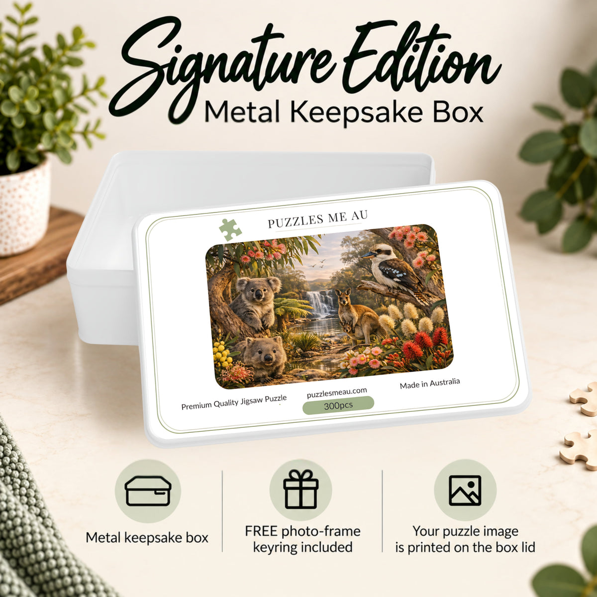 Australian Wildlife wooden puzzle 300 pieces - Signature Edition metal keepsake box with free photo-frame keyring - gift ready - Puzzles Me AU