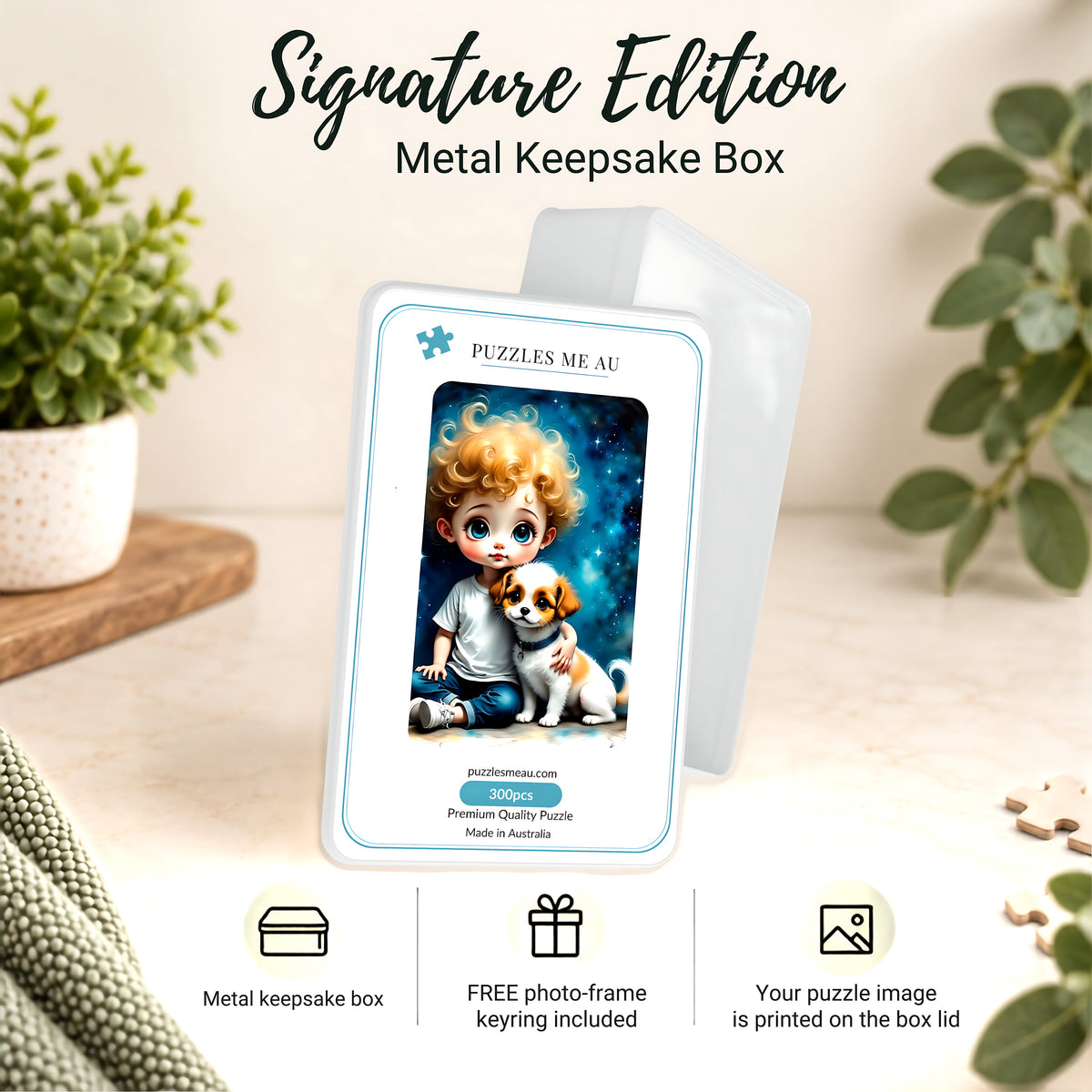 Big Eye Inspired Boy and Puppy 300-piece jigsaw puzzle Series 2 - Signature Edition metal keepsake box with free photo-frame keyring - gift ready - Puzzles Me AU