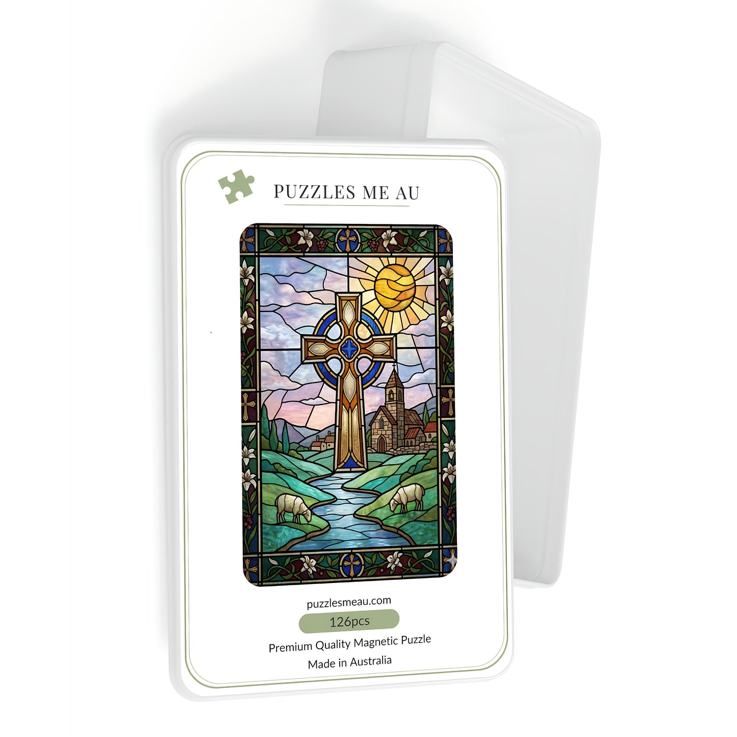 Celtic cross stained glass magnetic puzzle box 126 pieces - premium quality signature metal box - made in Australia - Puzzles Me AU