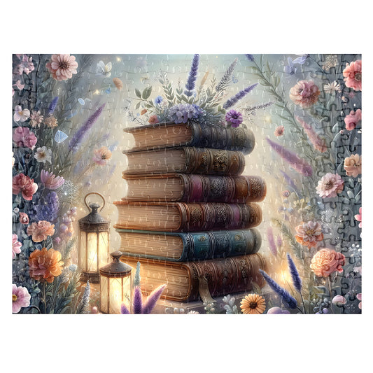 Cottagecore Books and Flowers Jigsaw Puzzle 300 pieces fully assembled - vintage books lanterns floral art - Puzzles Me AU