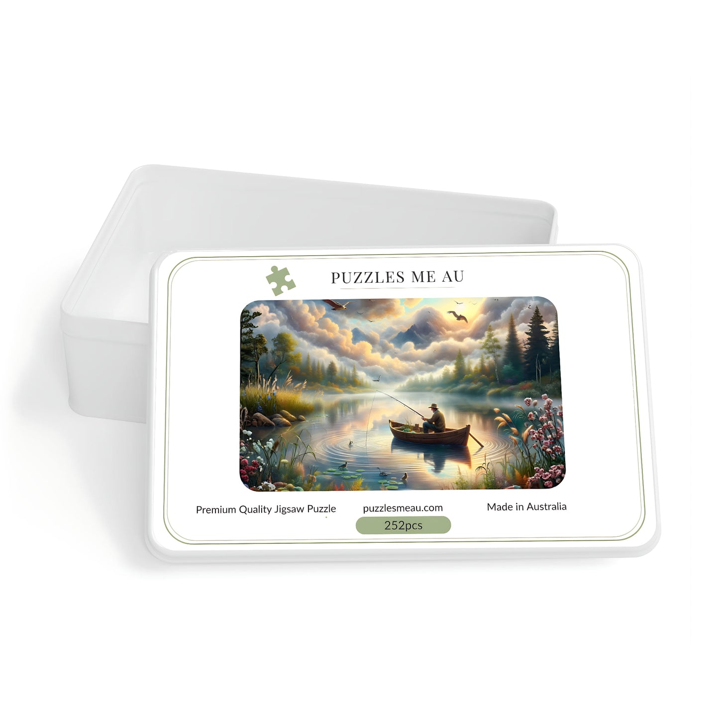 Puzzles Me AU branded box for Fisherman's Lake at Dawn 252-piece jigsaw puzzle - Premium Quality, Made in Australia