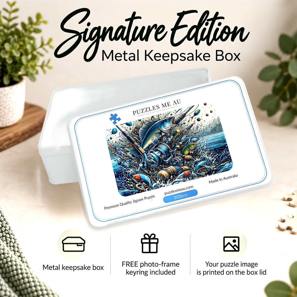 Signature Edition metal keepsake box for Fishing Frenzy 300-piece jigsaw puzzle with illustrated fish, rods and reels