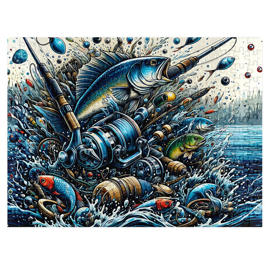 Fishing Frenzy 300-piece jigsaw puzzle - assembled puzzle showing vibrant fishing scene with visible piece lines