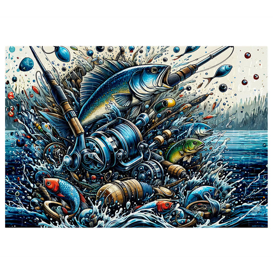 Fishing Frenzy 126-piece magnetic puzzle - assembled puzzle showing vibrant fishing scene with fish, rods and reels