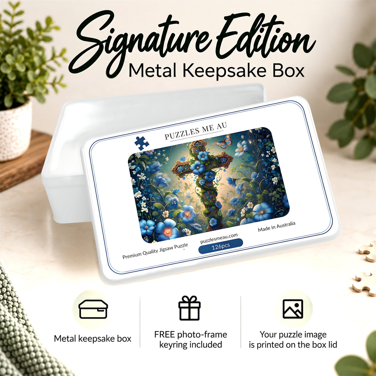 Puzzles Me AU Signature Edition metal keepsake box for floral cross blue garden 126-piece magnetic puzzle - ethereal ornate cross with vibrant blue garden flowers and butterflies, premium gift-ready packaging, handmade in Queensland Australia