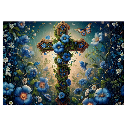 Assembled Floral Cross Blue Garden 126-piece magnetic jigsaw puzzle with gloss finish pieces, featuring an ornate cross entwined with blue morning glory flowers, green vines and a butterfly in an ethereal garden