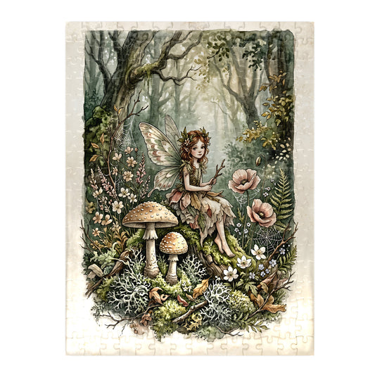 Forest Fairy 300-piece jigsaw puzzle assembled with fairy seated among mushrooms, poppies and ferns