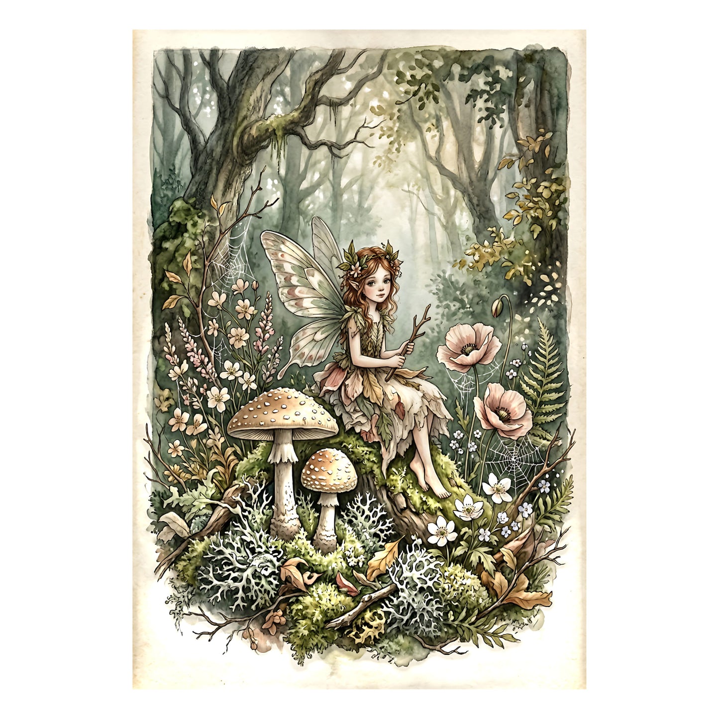 Forest Fairy puzzle artwork with watercolour fairy, woodland mushrooms, ferns and wildflowers