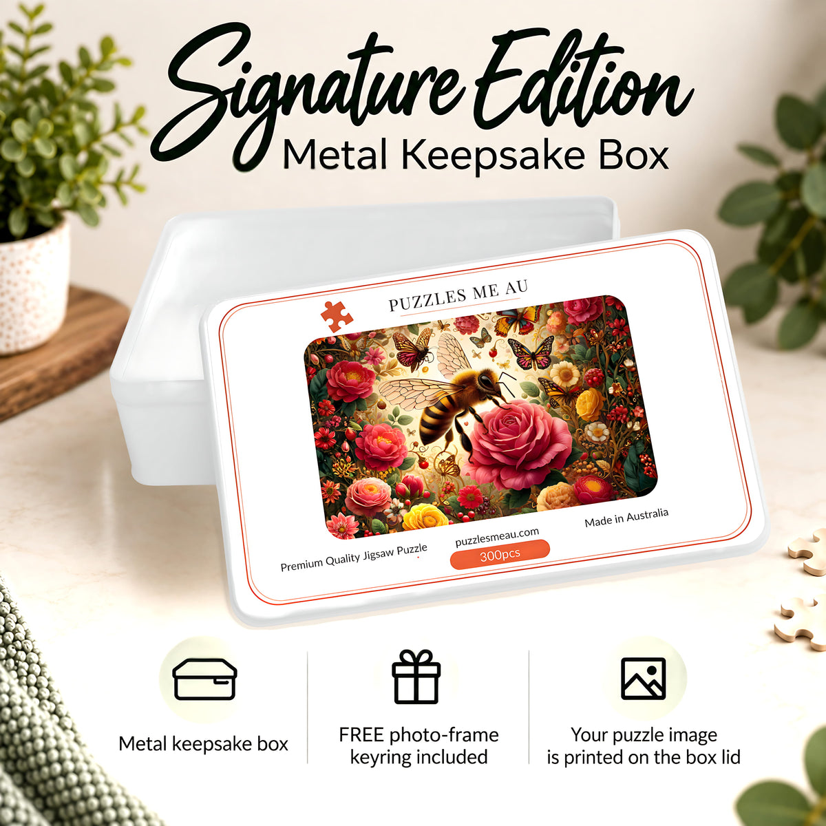 Puzzles Me AU Signature Edition metal keepsake box for honeybee rose garden 300 piece jigsaw puzzle - vibrant botanical artwork with golden honeybee, pink roses and dancing butterflies, premium gift-ready packaging, handmade in Queensland Australia