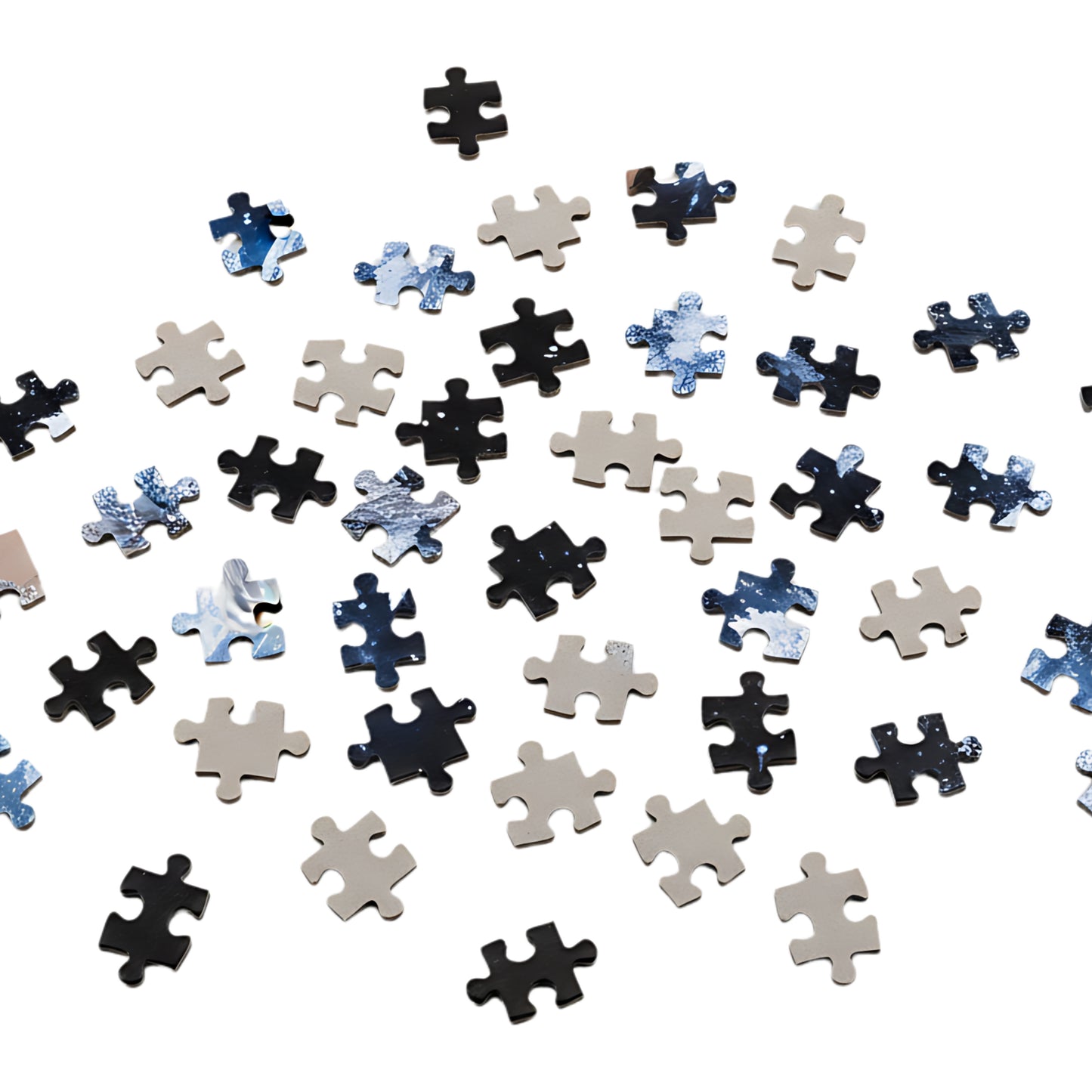 Scattered jigsaw puzzle pieces from Magical Frost Fairy fantasy puzzle