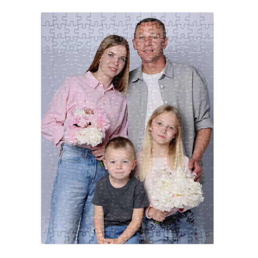 Custom family photo jigsaw puzzle laid flat showing 300 piece personalised print, Puzzles Me AU