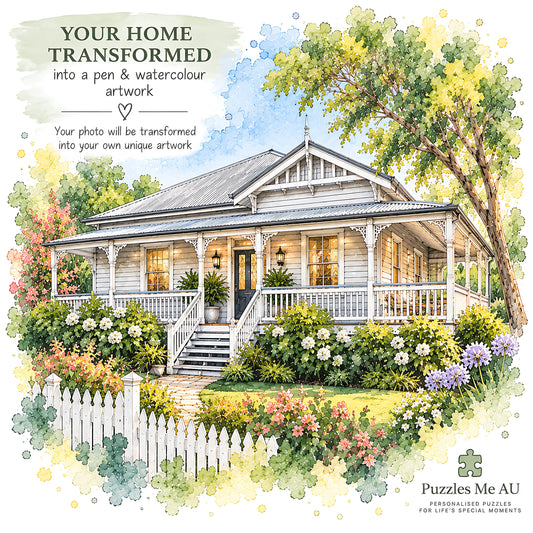 Home transformed into pen and watercolour artwork for a personalised 300-piece wooden photo puzzle by Puzzles Me AU.