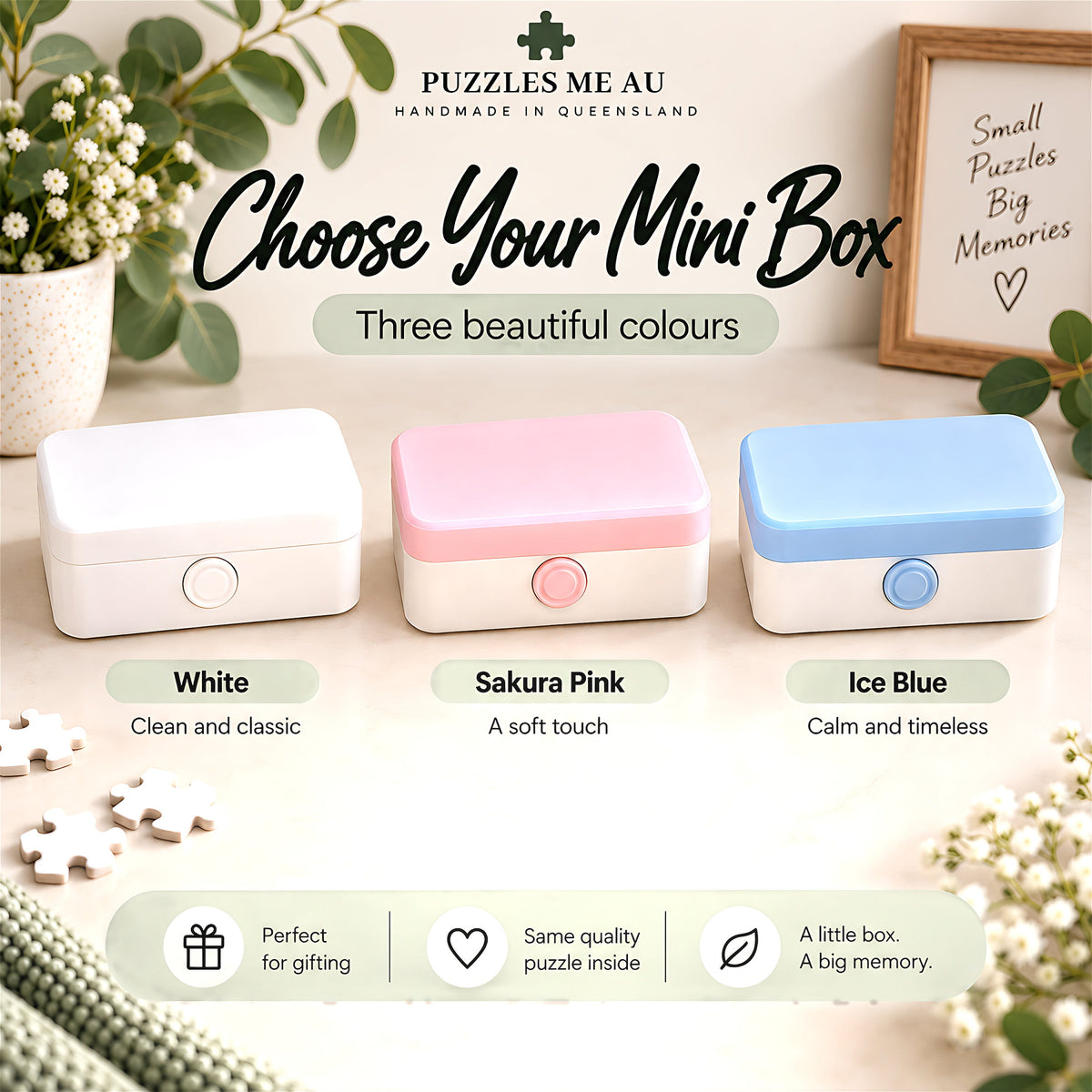 Mini puzzle box colour options in White, Sakura Pink and Ice Blue