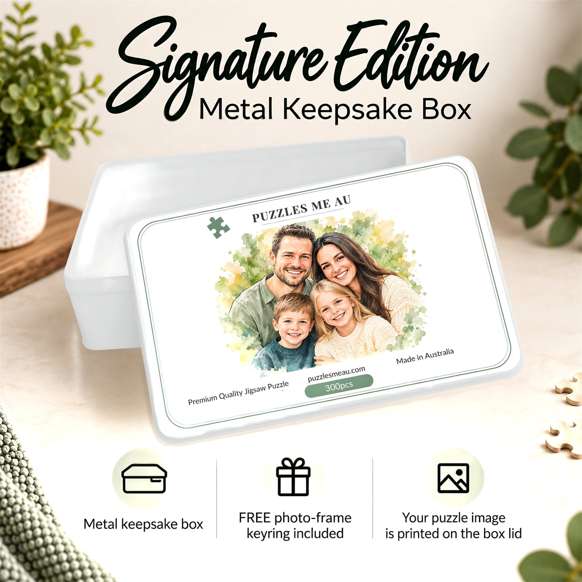 Signature Edition metal keepsake box with personalised puzzle image printed on lid - includes free photo keyring - 300-piece puzzle - Puzzles Me AU