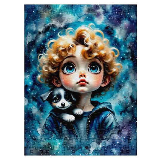 Boy and puppy jigsaw puzzle for adults whimsical fantasy watercolour art
