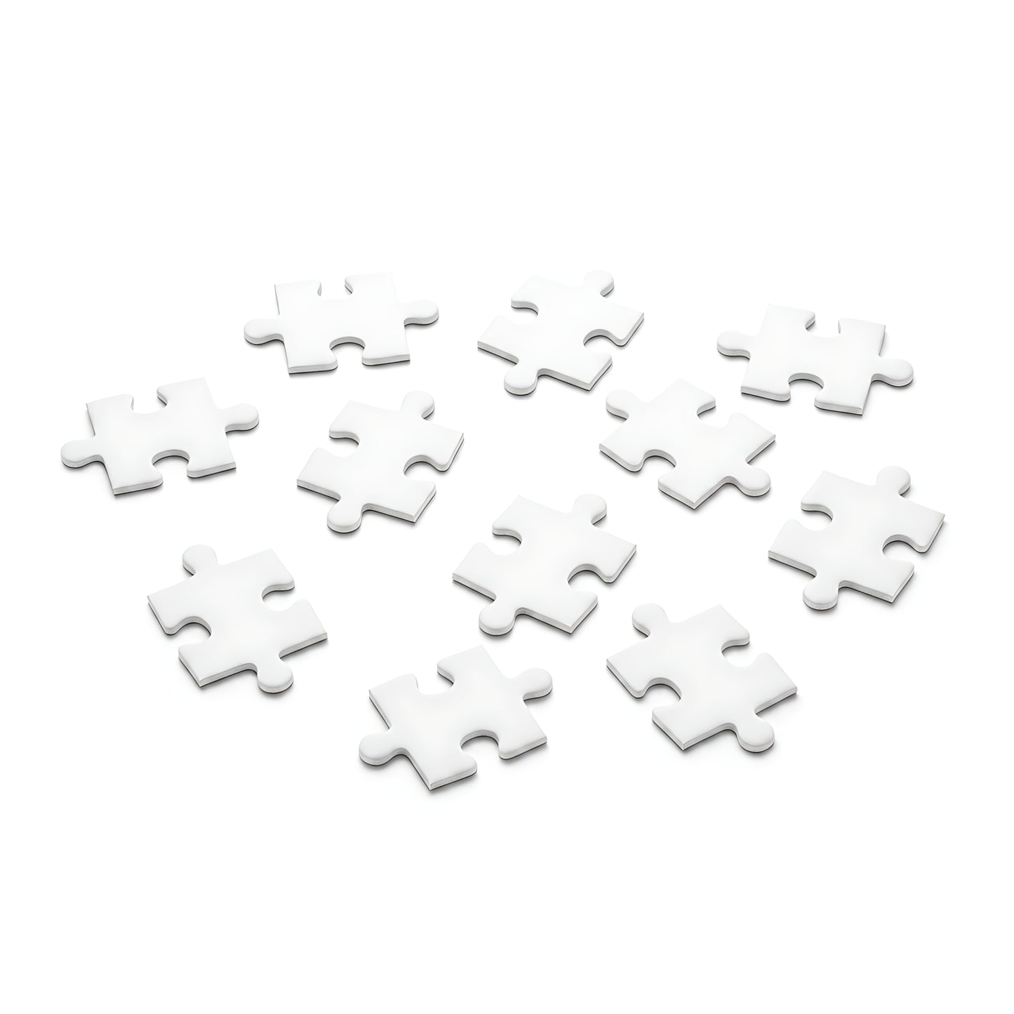 Ten white jigsaw puzzle pieces scattered on a plain white background.