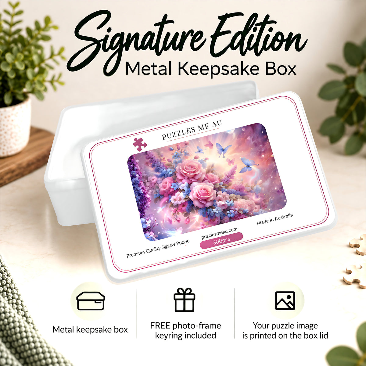 Puzzles Me AU Signature Edition metal keepsake box for rose garden 300-piece wooden puzzle - pink roses, lavender and butterfly floral artwork, premium gift-ready packaging, handmade in Queensland Australia