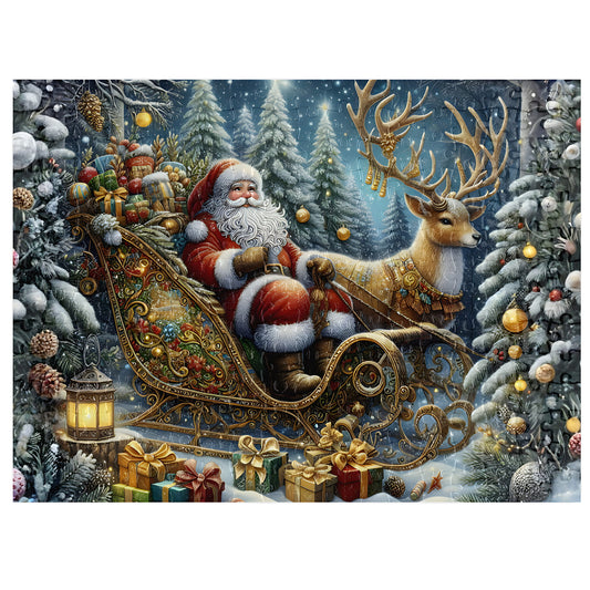 Assembled Santa Sleigh and Reindeer 300-piece jigsaw puzzle with gloss finish pieces, featuring Santa Claus in an ornate golden sleigh with a majestic reindeer surrounded by snow-covered pine trees, Christmas ornaments and wrapped gifts