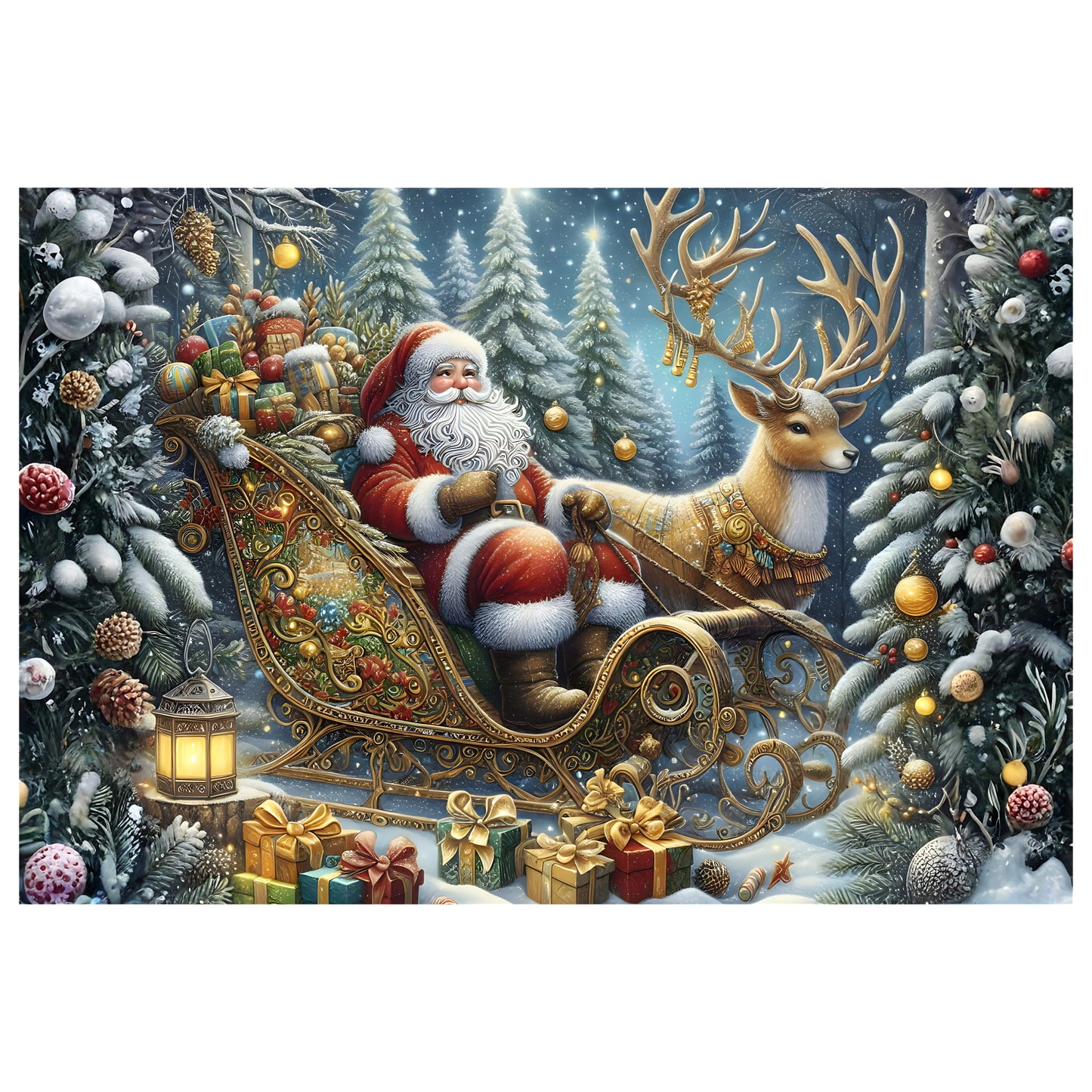 Reference image - Santa Sleigh and Reindeer Christmas art featuring Santa Claus in a golden ornate sleigh with a reindeer, snow-covered trees, wrapped gifts and a glowing lantern, printed on premium matte photo paper