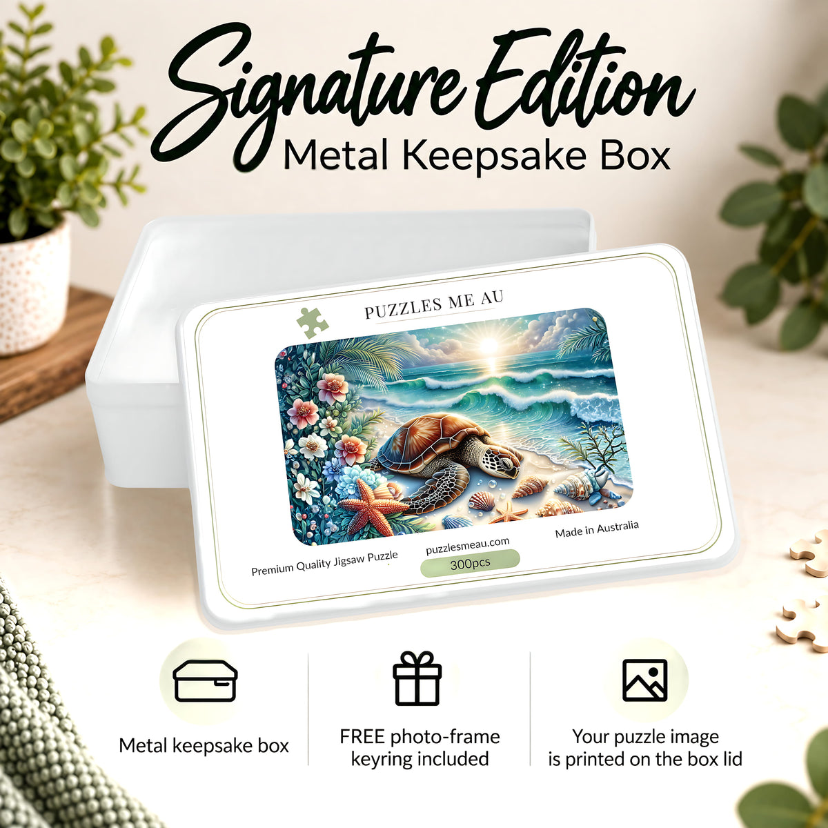 Puzzles Me AU Signature Edition metal keepsake box for sea turtle beach jigsaw puzzle - vibrant sea turtle with starfish, shells and tropical florals on sandy shore, premium gift-ready packaging, handmade in Queensland Australia