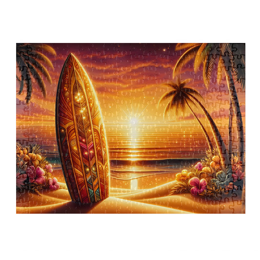 Sunset surfboard beach jigsaw puzzle 300 pieces - vibrant Australian coastal art - handmade in Queensland Australia - Puzzles Me AU