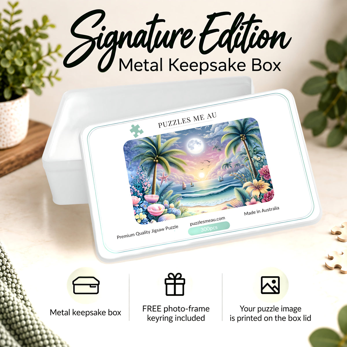 Puzzles Me AU Signature Edition metal keepsake box for tropical moonrise beach 300-piece jigsaw puzzle - dreamy moonlit beach with palm trees tropical florals starfish and sailboats in soft pastel tones, premium gift-ready packaging, handmade in Queensland Australia