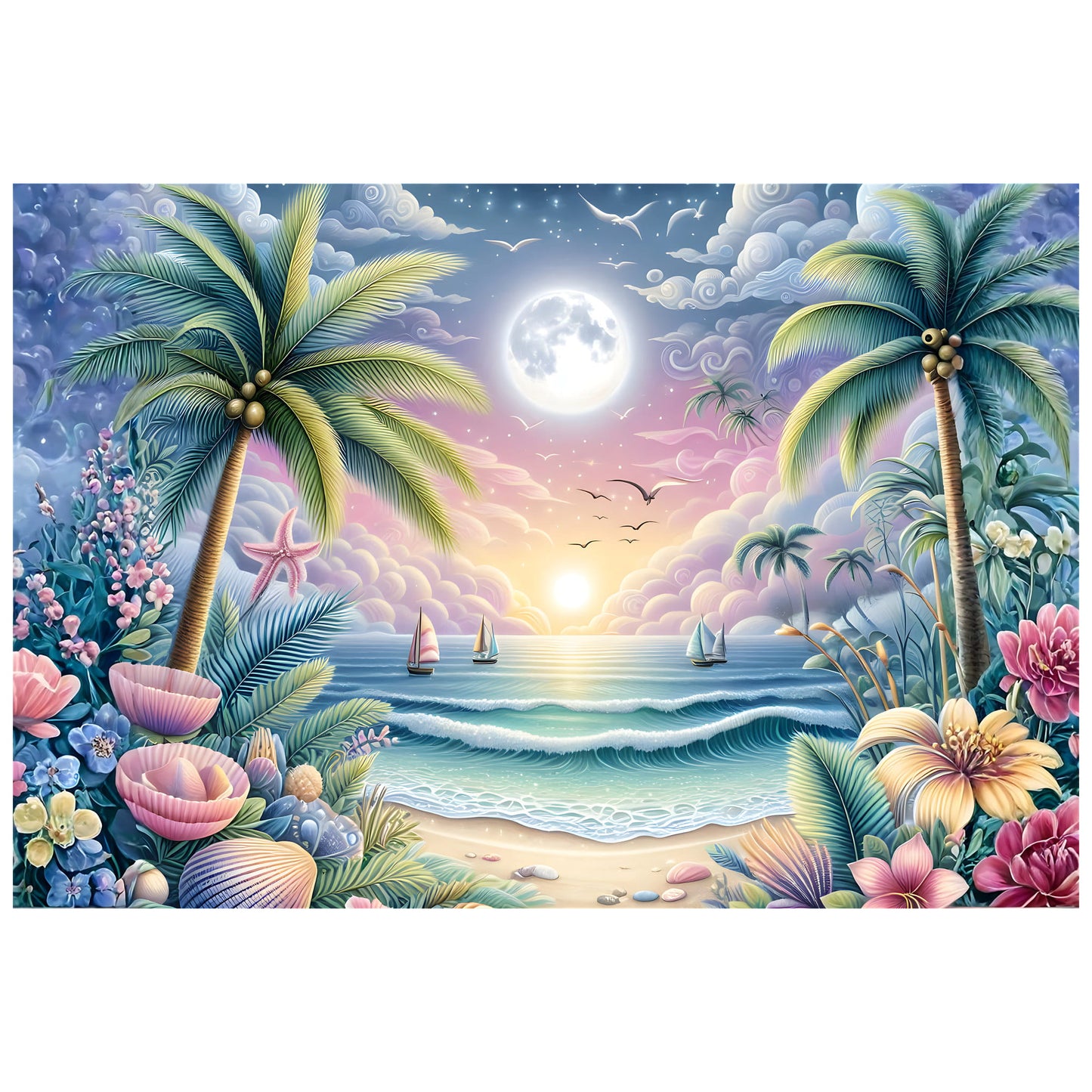 Reference image - Tropical Moonrise Beach landscape art featuring palm trees, sailboats on a calm ocean, seashells and tropical flowers in soft pastel purples and pinks, printed on premium matte photo paper