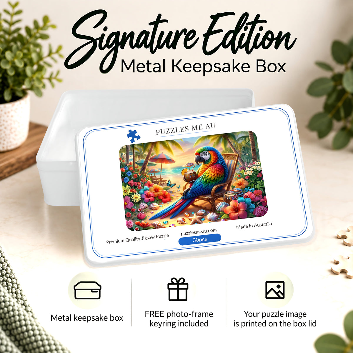 Tropical Parrot Beach wooden puzzle Signature Edition metal keepsake box by Puzzles Me AU - premium gift-ready tin with vibrant parrot artwork, made in Australia