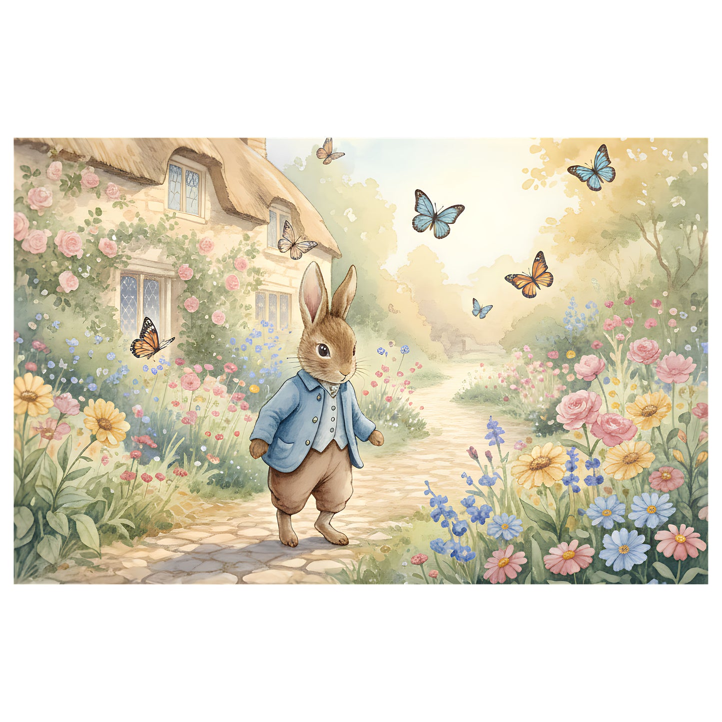 Peter Rabbit Garden watercolour artwork - cottage garden scene