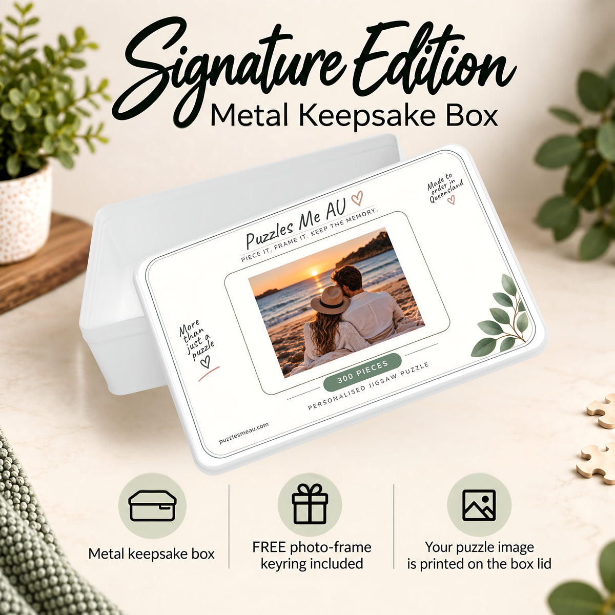 Signature Edition metal keepsake box for the Where Our Story Began personalised puzzle, with puzzle image printed on the lid and free photo-frame keyring included.