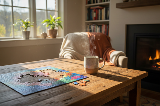 Cozy wooden table setup with a partially completed Australian handmade jigsaw puzzle and a cup of tea.