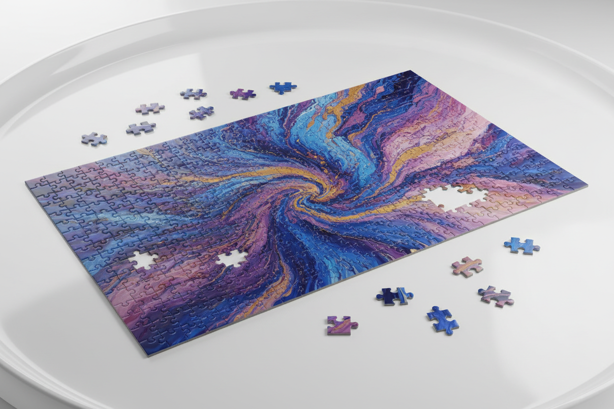 Jigsaw puzzle showing a vibrant abstract swirl of blues purples golds and pinks in a fluid art style on a white surface