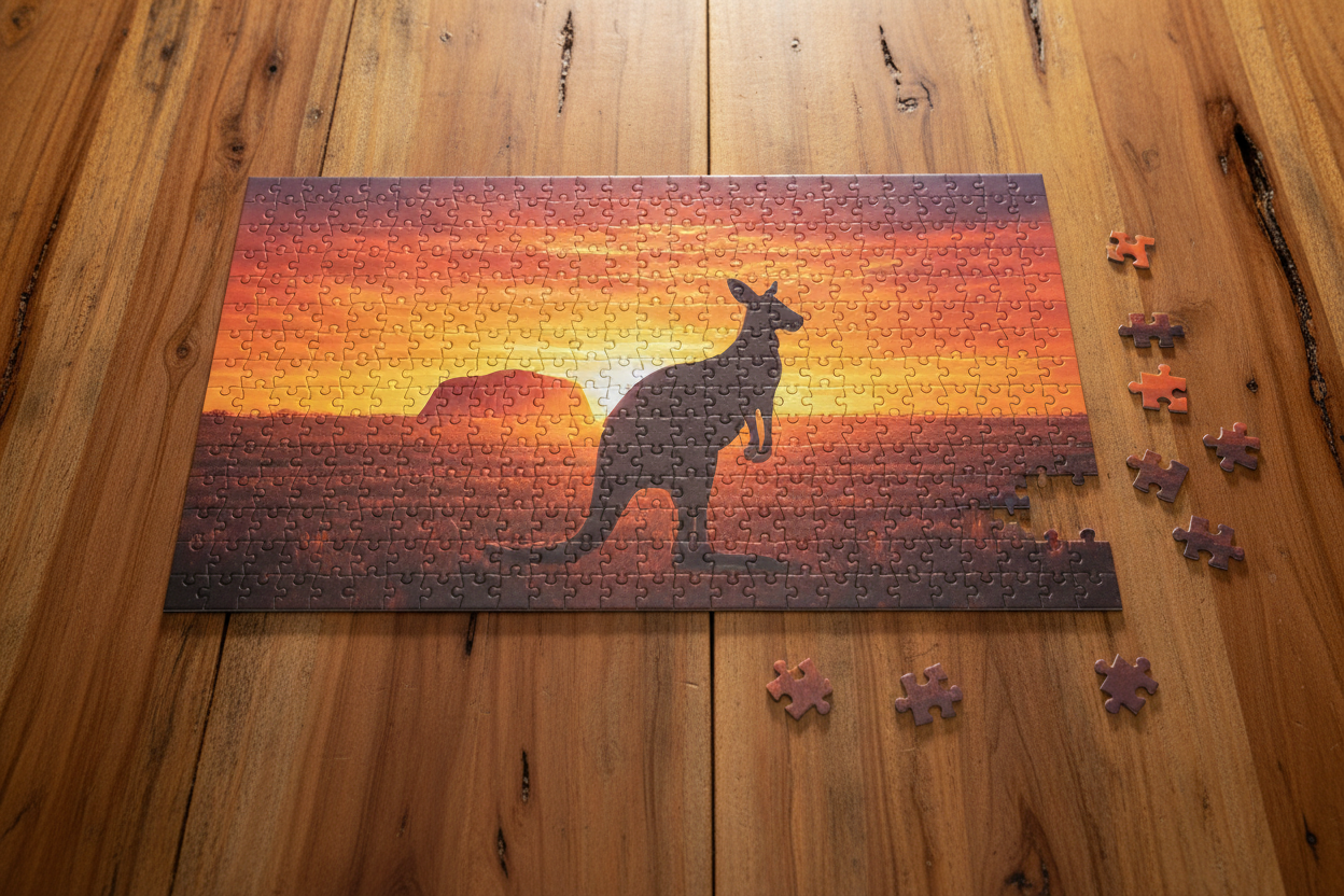 Jigsaw puzzle showing a kangaroo silhouette against a vibrant Australian outback sunset with Uluru in the background