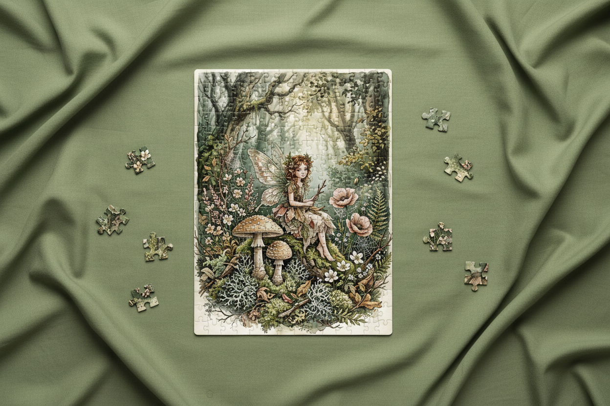 Jigsaw puzzle showing a whimsical woodland fairy with delicate wings sitting amongst enchanted forest mushrooms wildflowers and ferns in a soft watercolour style