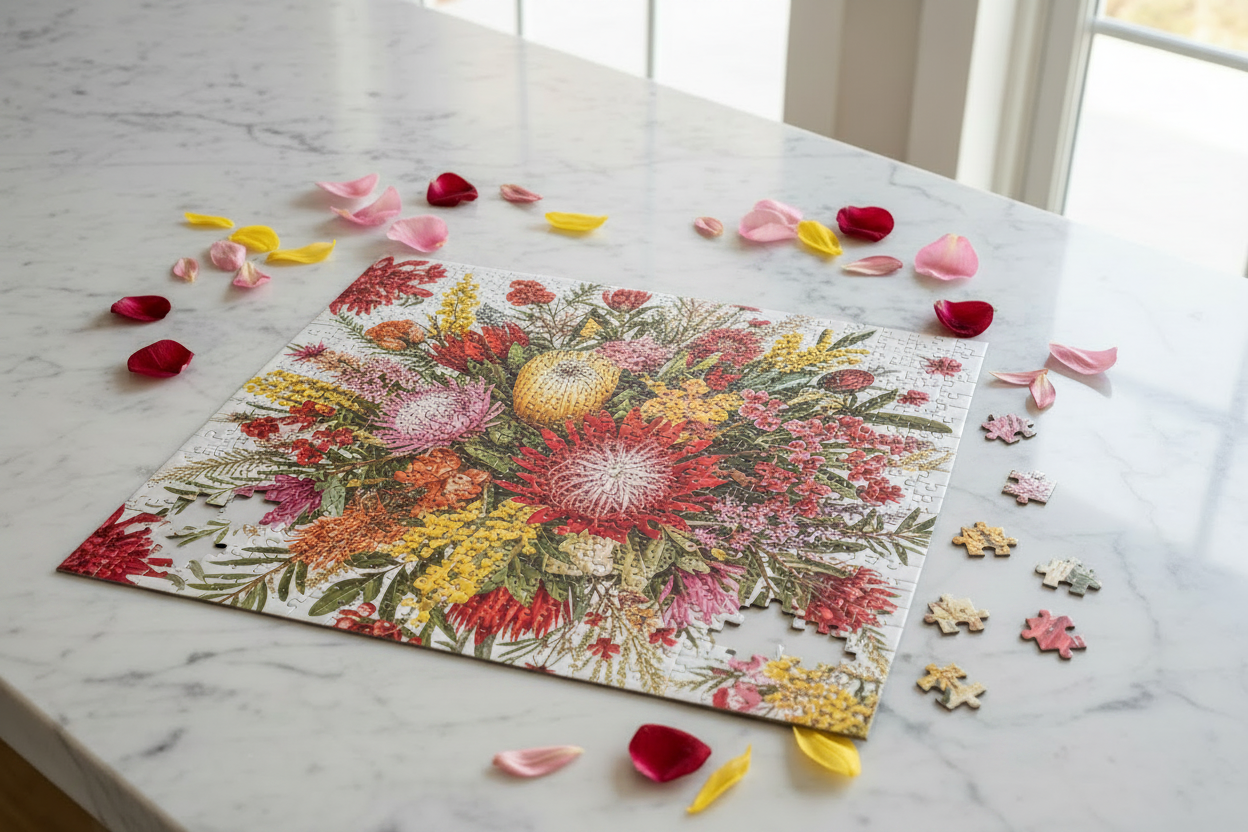 Jigsaw puzzle showing vibrant native Australian wildflowers including waratahs banksias and wattle on a white marble surface with scattered flower petals
