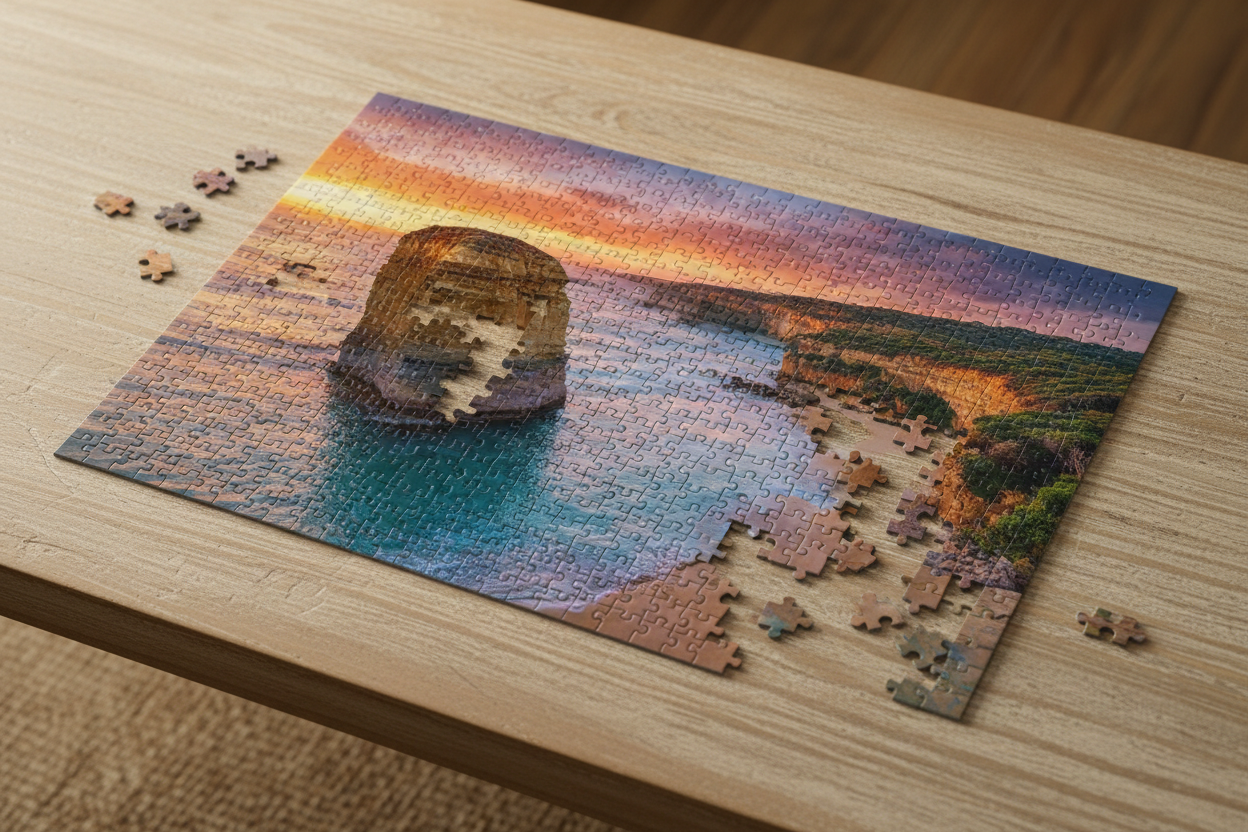 Jigsaw puzzle showing a breathtaking Australian coastal landscape at golden hour with turquoise water golden cliffs and a vivid pink and orange sunset sky