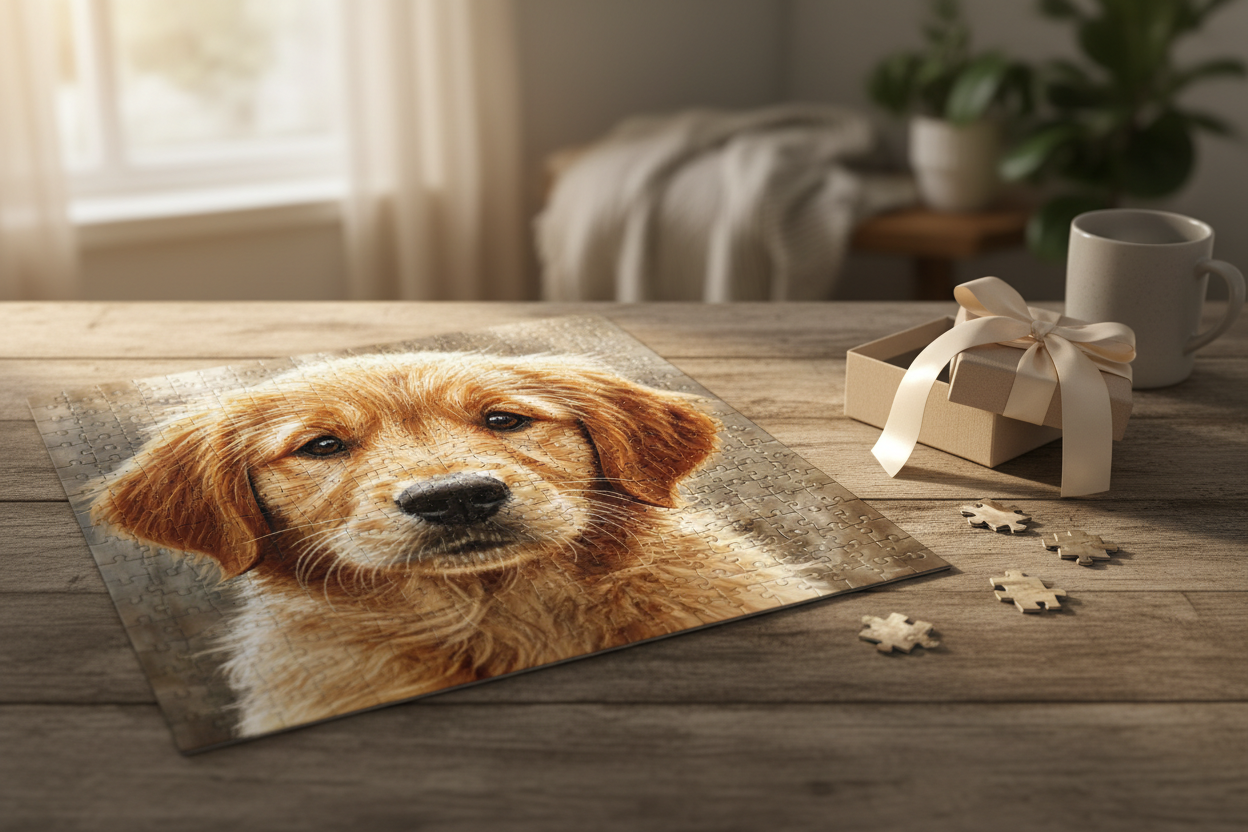 Personalised jigsaw puzzle gift showing a golden retriever dog portrait beside a gift box, warm lifestyle photography
