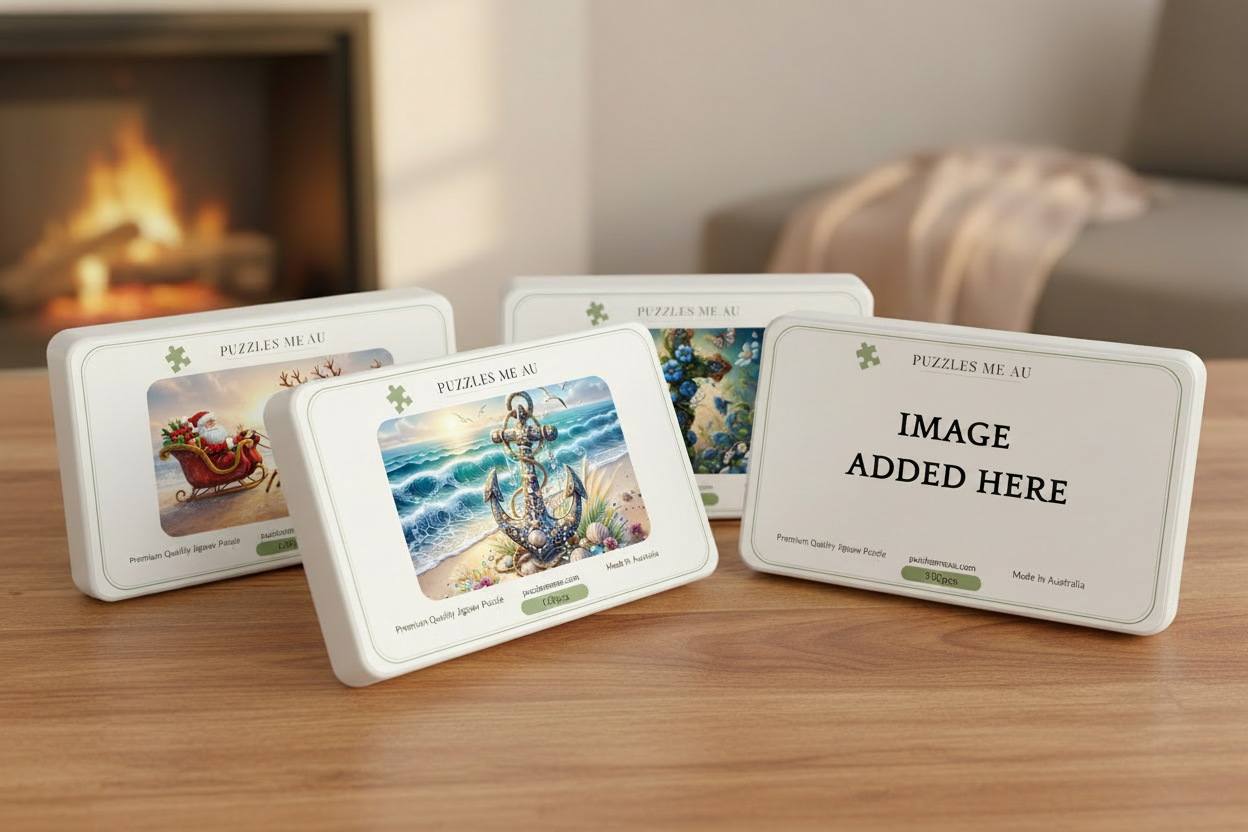 Four Puzzles Me AU handmade jigsaw puzzle boxes displayed upright — Christmas Santa sleigh, jewelled anchor beach, blue floral cross, and personalised custom puzzle — made in Queensland, Australia
