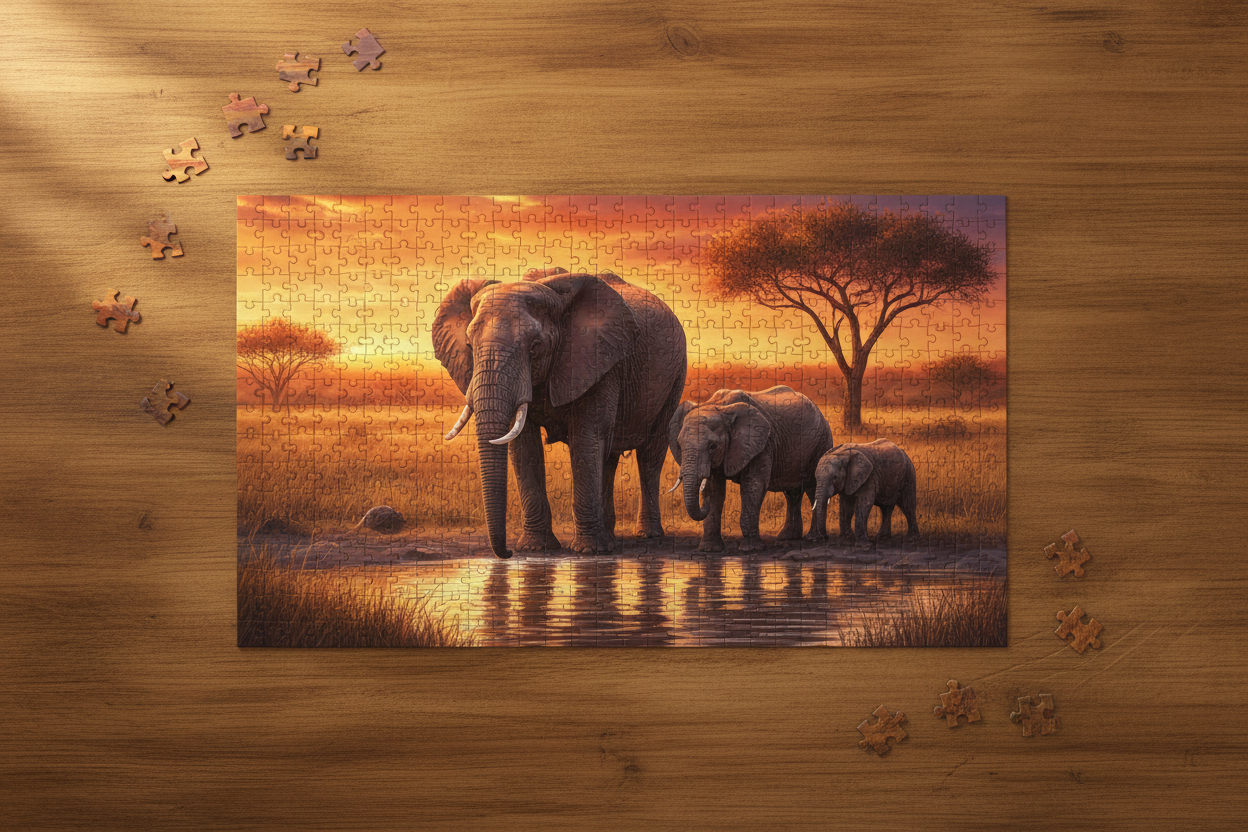 Jigsaw puzzle showing a majestic elephant family at a watering hole during a golden hour African savanna sunset