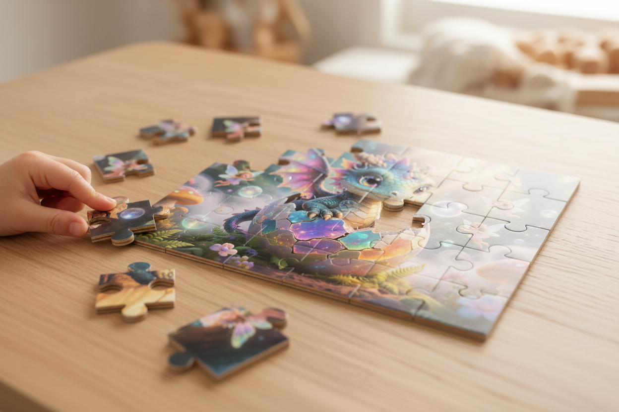 Wooden jigsaw puzzle for children showing a magical dragon and fairy scene with chunky wooden pieces on a natural wooden table