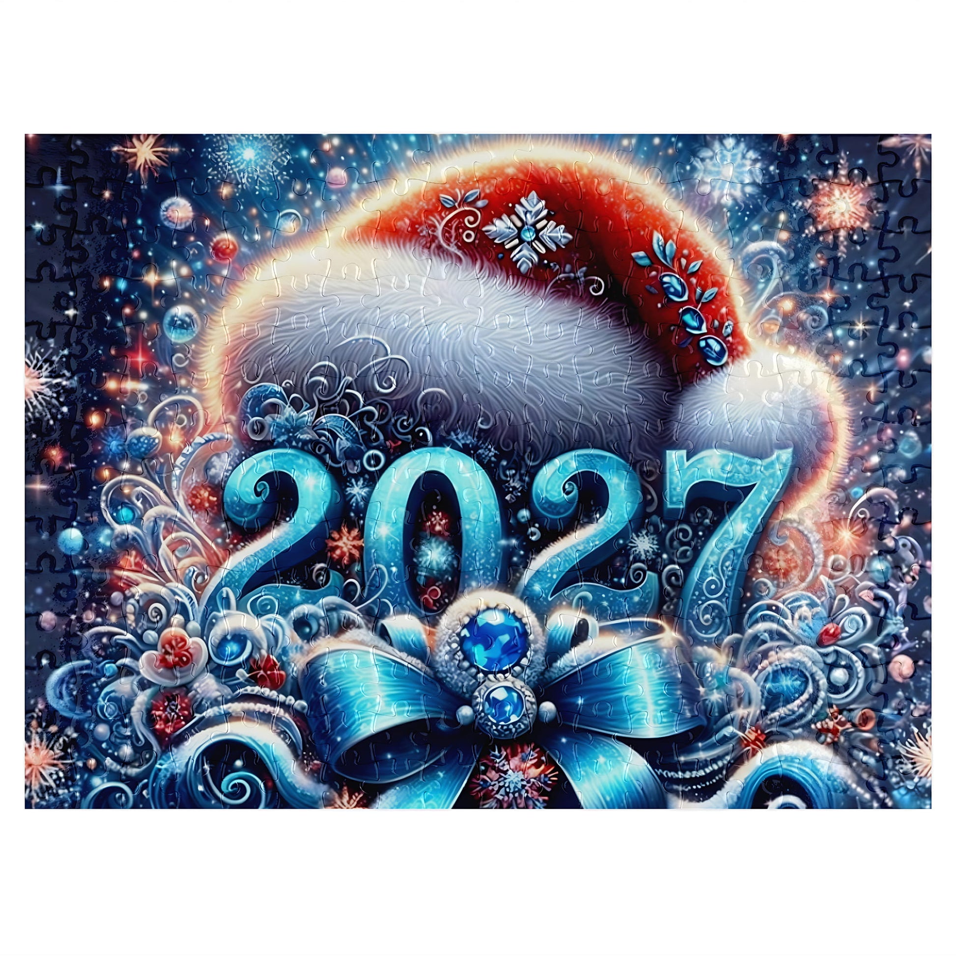 2027 New Year 300-piece jigsaw puzzle assembled - festive Santa hat, sparkling blue bow and snowflakes design by Puzzles Me AU