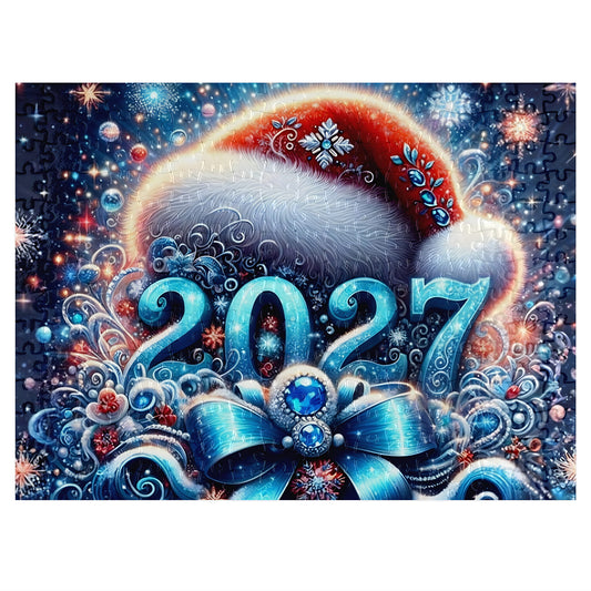 2027 New Year 300-piece jigsaw puzzle assembled - festive Santa hat, sparkling blue bow and snowflakes design by Puzzles Me AU