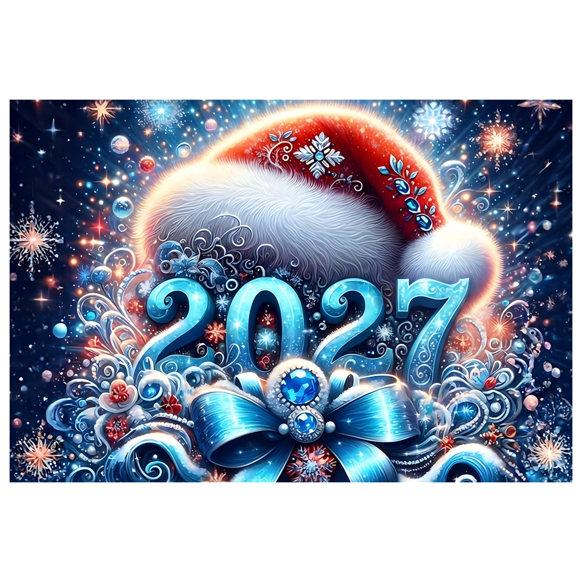 2027 New Year reference artwork - Santa hat, jewelled blue bow and swirling snowflakes - reference image printed on premium matte photo paper by Puzzles Me AU
