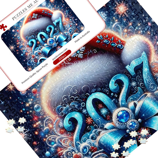 2027 New Year jigsaw puzzle 300 pieces by Puzzles Me AU - glittering Santa hat with 2027 numerals, snowflakes and blue ribbon, puzzle pieces spread out with Signature Edition metal keepsake box, handmade in Queensland Australia