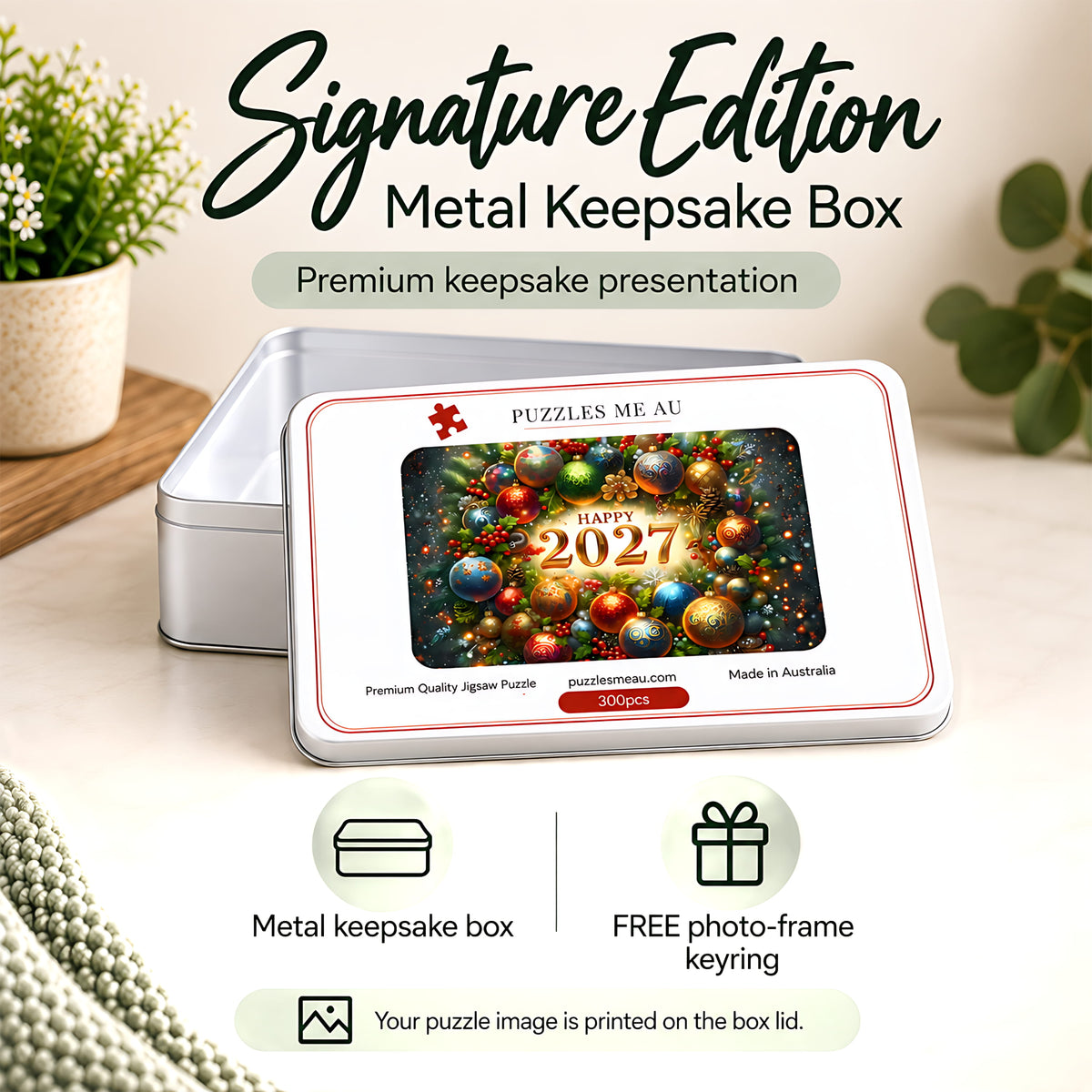2027 New Year jigsaw puzzle Signature Edition metal keepsake box with free photo-frame keyring by Puzzles Me AU