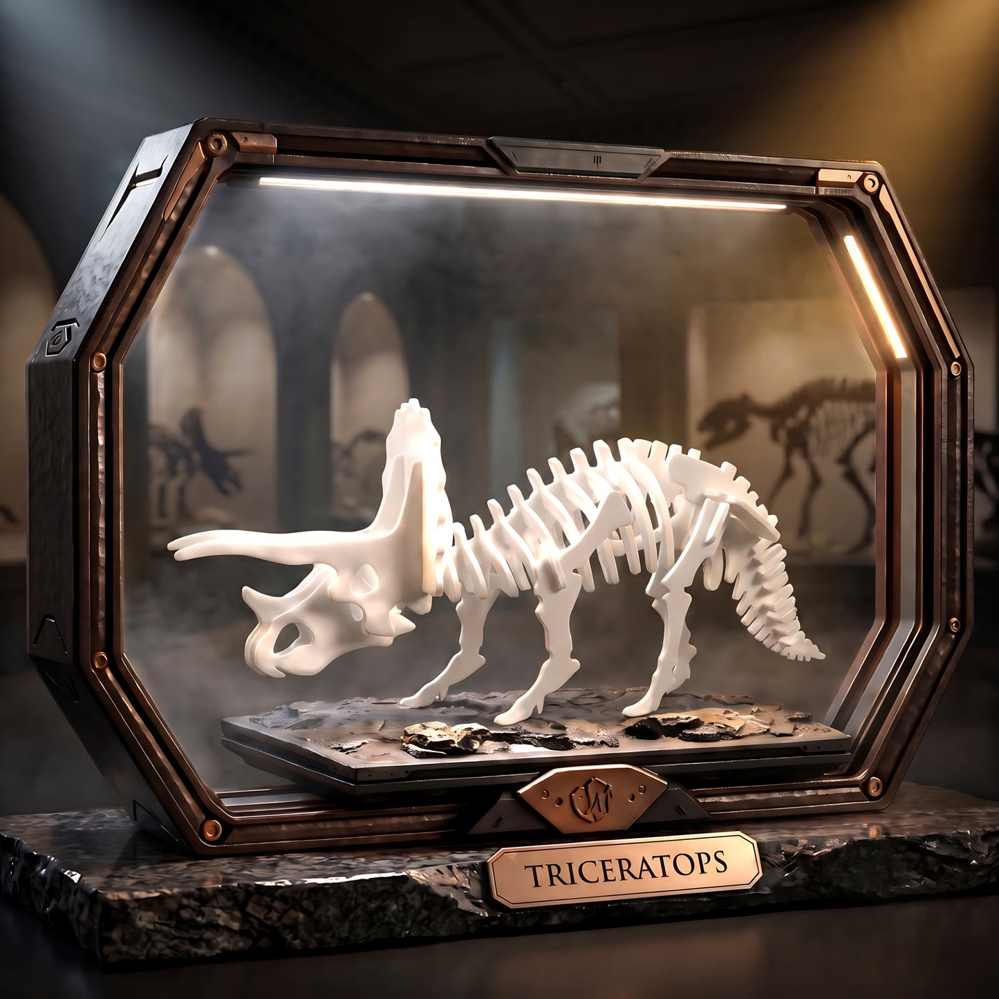 Triceratops 3D flat pack puzzle kit, museum fossil display showcase, bone finish